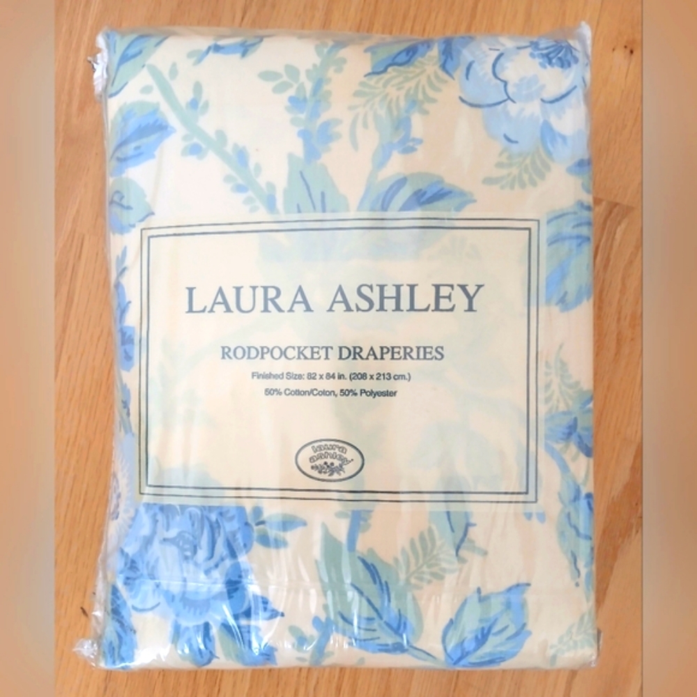 Laura Ashley Pale Yellow & Blue Floral 2Rod Pocket Curtain Panels w/Tiebacks-New